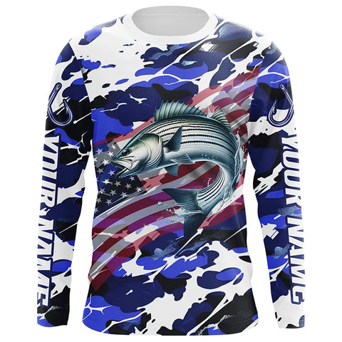 Maxcorners Striped Bass Fishing American Flag Camo Custom Long Sleeve Shirts, Striper Saltwater Fishing Shirts LM2408
