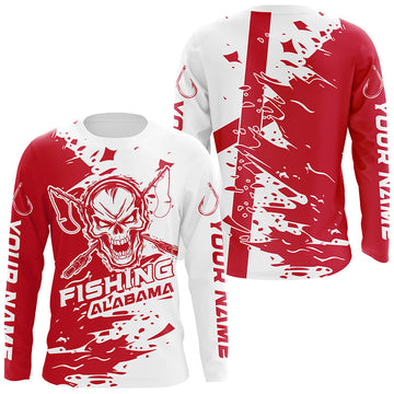 Maxcorners Alabama Fishing Custom Long Sleeve Fishing Shirts, Alabama Flag Skull Fishing Jerseys
 LM0201