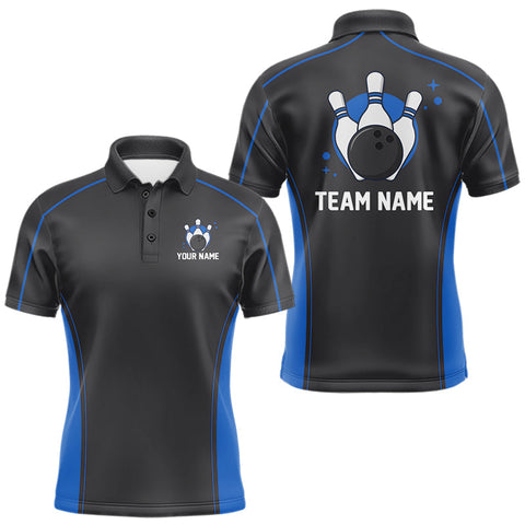 Maxcorners Custom Black And Mid Blue Classic Bowling Team Polo Shirt For Men, Bowling League Shirt MT2009