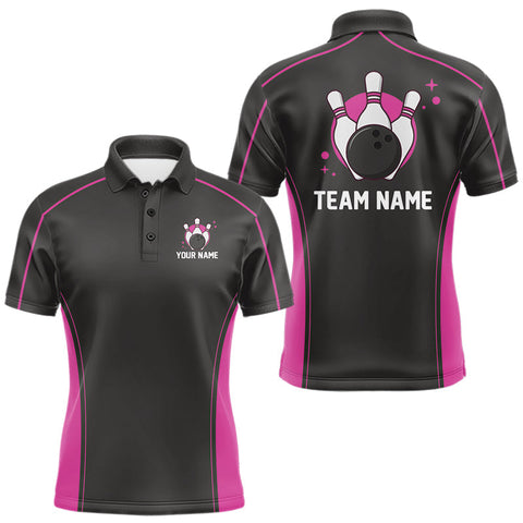 Maxcorners Custom Black And Pink Classic Bowling Team Polo Shirt For Men, Bowling League Shirt MT2009