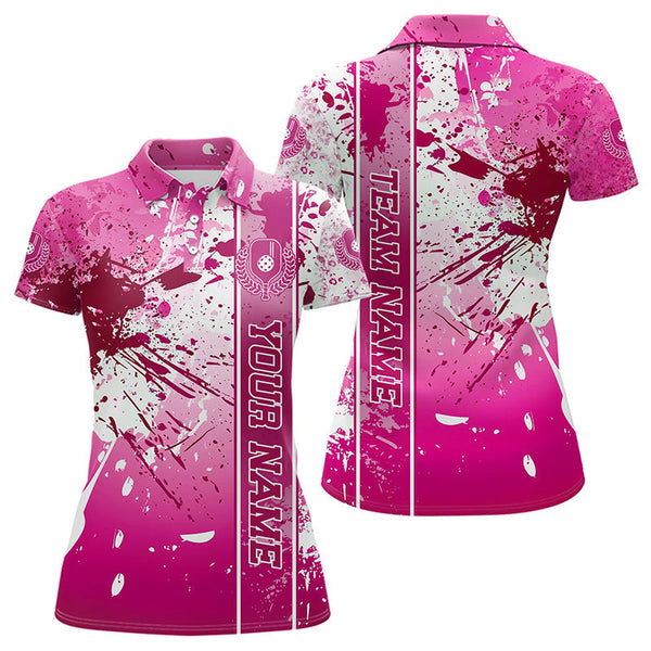 Maxcorners Pink And White Splatter Custom Pickleball Polo Shirts For Men, Pickleball Team Uniform