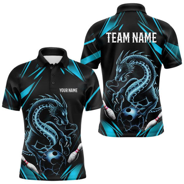 Maxcorners Custom Black And Blue Dragon Bowling Polo Shirts For Men & Women, Dragon Bowling League Shirt