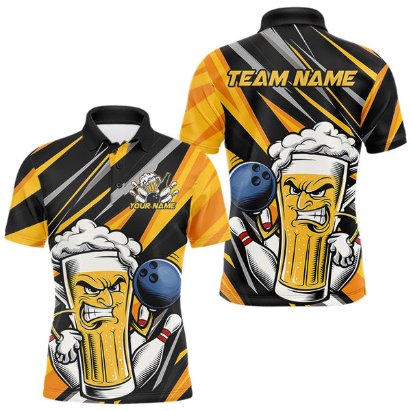 Maxcorners Custom Black And Yellow Funny Beer Bowling Men Polo Shirts, Angry Beer Glass Bowling Jersey LM233