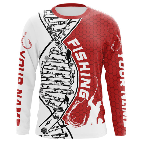 Maxcorners Custom Red And White Fishing Tools Fishing DNA Long Sleeve Tournament Fishing Shirts LM0607