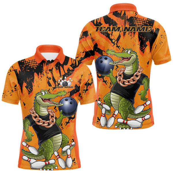 Maxcorners Custom Funny Alligator Bowling Polo Shirt For Men, Grunge Orange Bowling Team Jerseys TU2309