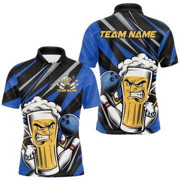 Maxcorners Custom Funny Blue Bowling Jerseys Bowling And Beer Men Polo Shirts, Bowling Jerseys LM2201