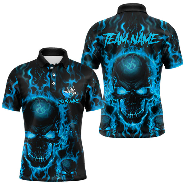 Maxcorners Custom Bowling Polo Shirts For Men & Women, Blue Flame Skull Team Bowling Jerseys Halloween Outfits