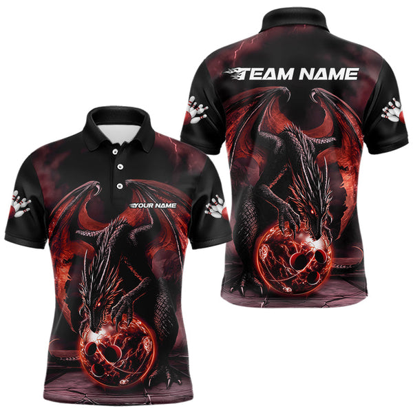 Maxcorners Black And Orange Custom Bowling Team Polo Shirts For Men & Women, Dragon Bowling League Shirts