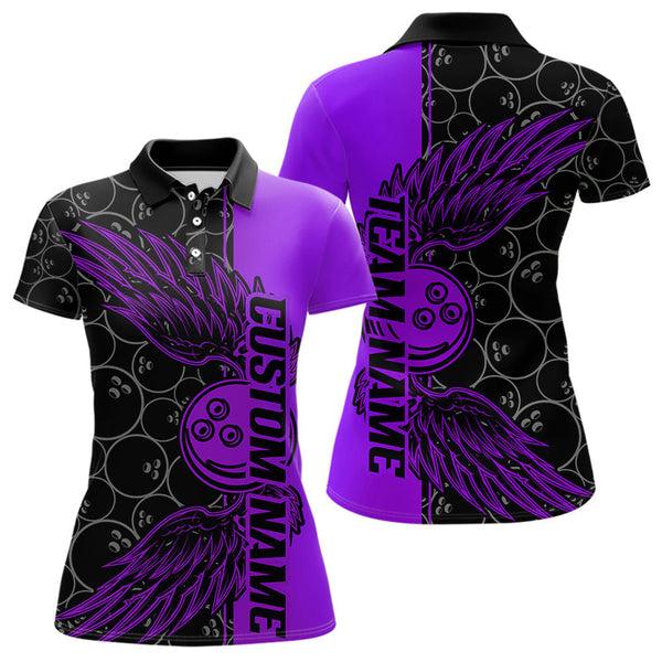 Maxcorners Black And Purple Custom Bowling Ball And Wings Bowling Polo Shirts For Men & Women, Team Uniform