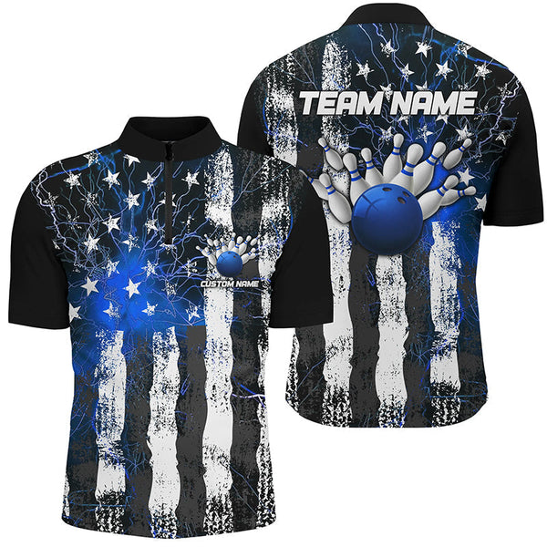 MaxCorners Bowling And Pins Blue Lightning American Flag Customized Name, Team Name 3D Stand Collar Zipper Polo Shirt For Men