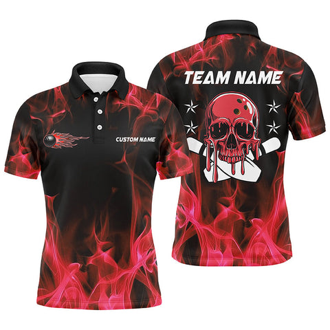 MaxCorners Red Flame Skull Customized Name 3D Bowling Polo Shirt For Men