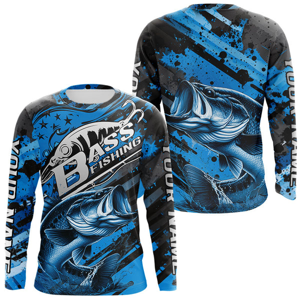 Maxcorners Custom Name Blue Camo Bass Fishing Jerseys, Largemouth Bass Long Sleeve Fishing Shirt LM0607