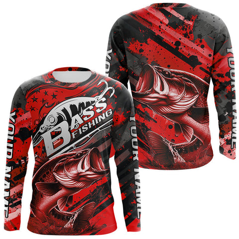 Maxcorners Custom Name Red Camo Bass Fishing Jerseys, Largemouth Bass Long Sleeve Fishing Shirt LM0607