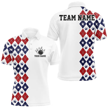 Maxcorners Custom Patriotic Argyle Pattern Bowling Team Men Polo Shirt, Retro Bowling Shirt