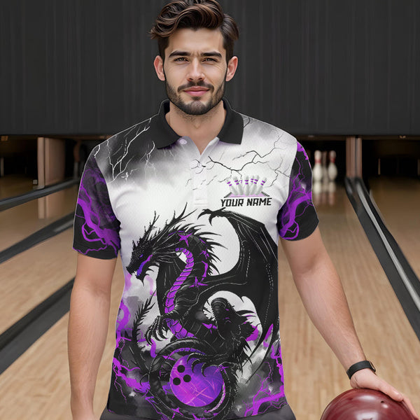 Maxcorners Black And Purple Thunder Lightning Custom Dragon Bowling Men Polo Shirts, Bowling Uniform