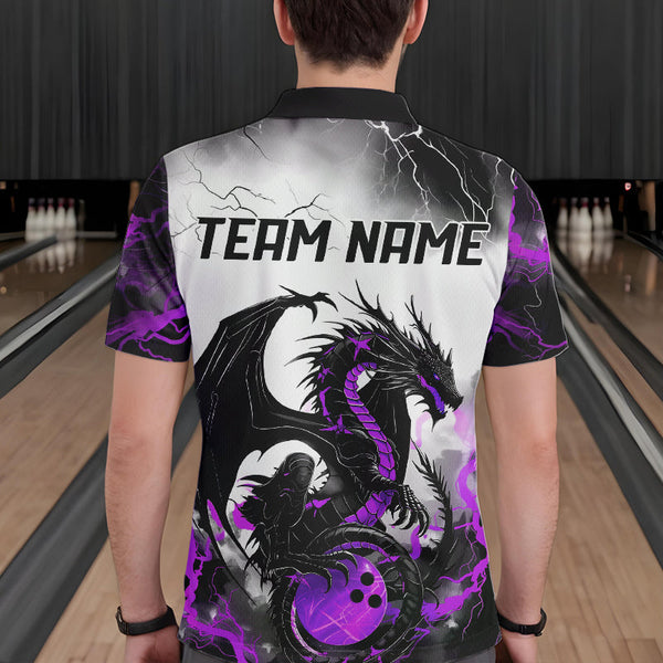 Maxcorners Black And Purple Thunder Lightning Custom Dragon Bowling Men Polo Shirts, Bowling Uniform