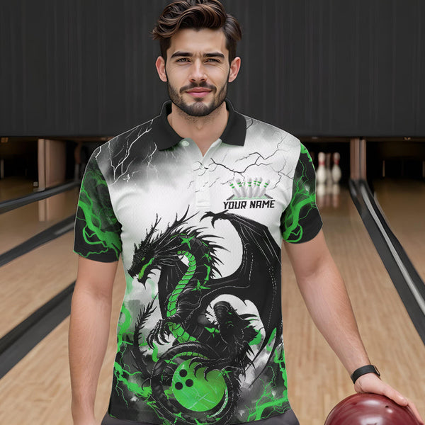 Maxcorners Black And Green Thunder Lightning Custom Dragon Bowling Men Polo Shirts, Bowling Uniform