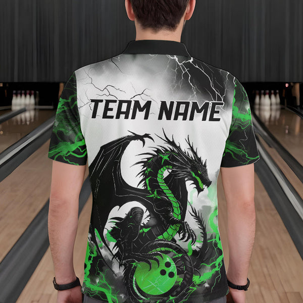 Maxcorners Black And Green Thunder Lightning Custom Dragon Bowling Men Polo Shirts, Bowling Uniform