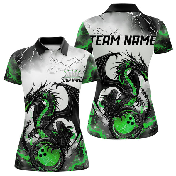 Maxcorners Black And Green Thunder Lightning Custom Dragon Bowling Men Polo Shirts, Bowling Uniform