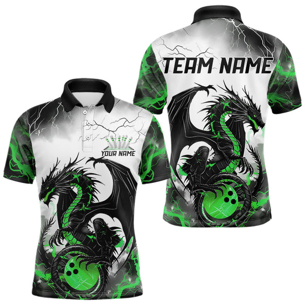 Maxcorners Black And Green Thunder Lightning Custom Dragon Bowling Men Polo Shirts, Bowling Uniform