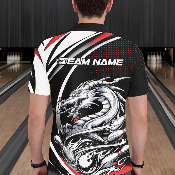 Maxcorners Custom Black And Red Dragon Bowling Team Polo Shirts For Men, Dragon Bowling Jerseys