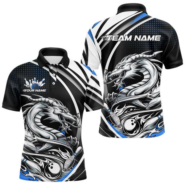 Maxcorners Custom Black And Blue Dragon Bowling Team Polo Shirts For Men, Dragon Bowling Jerseys