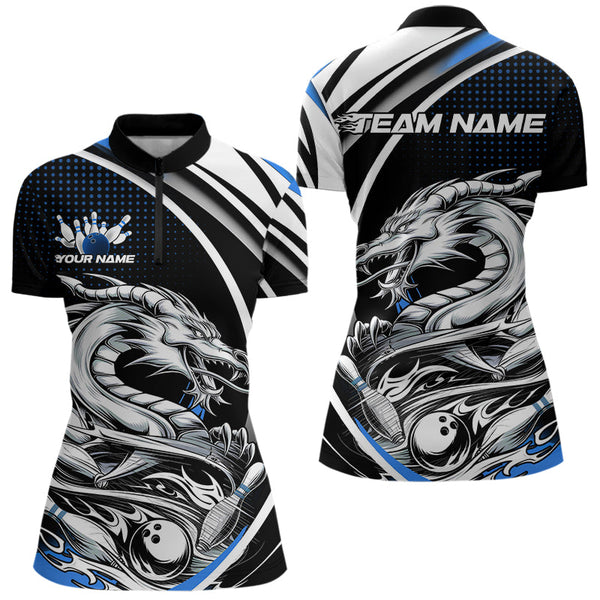 Maxcorners Custom Black And Blue Dragon Bowling Team Polo Shirts For Men, Dragon Bowling Jerseys