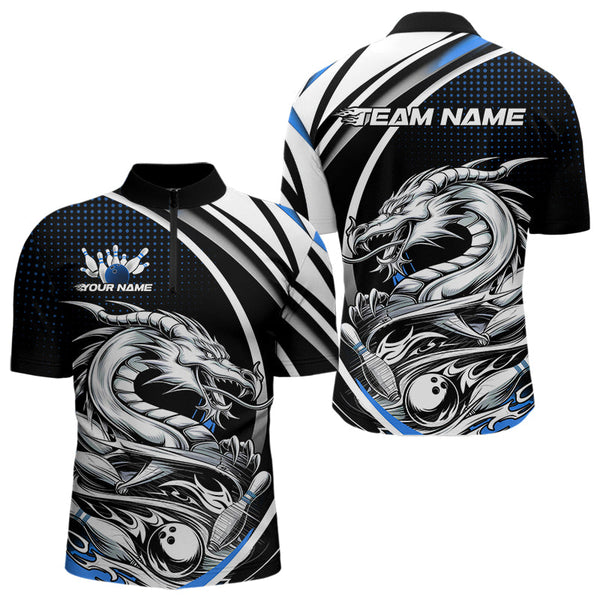 Maxcorners Custom Black And Blue Dragon Bowling Team Polo Shirts For Men, Dragon Bowling Jerseys