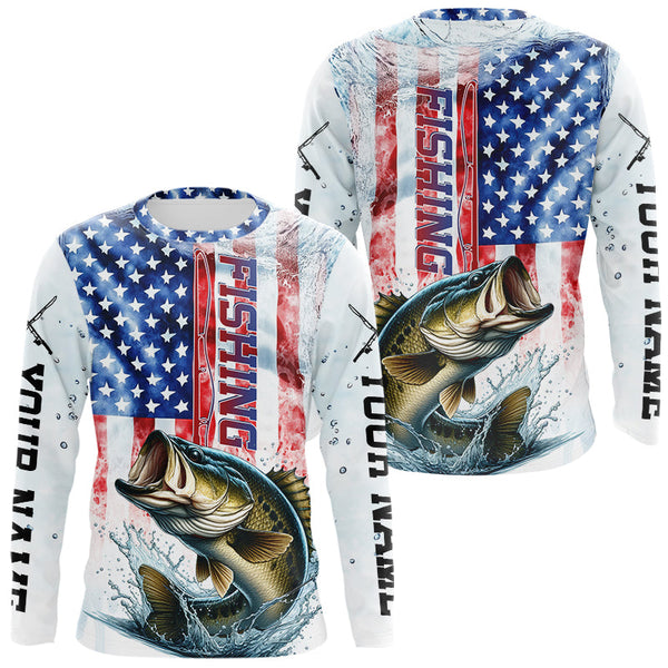 Maxcorners Custom Patriotic Largemouth Bass US Flag Long Sleeve Fishing Shirt, Bass Fishing Jersey LM0607