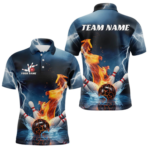 Maxcorners Blue Thunder Lightning Water And Fire Custom Bowling League Polo Shirts For Men
