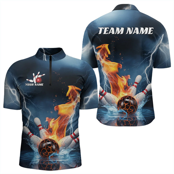Maxcorners Blue Thunder Lightning Water And Fire Custom Bowling League Polo Shirts For Men