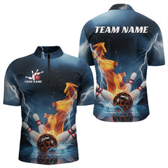 Maxcorners Blue Thunder Lightning Water And Fire Custom Bowling League Polo Shirts For Men