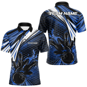 Maxcorners Custom Blue Flame Bowling Jerseys For Men, Hexagon Bowling Team Tournament Shirt