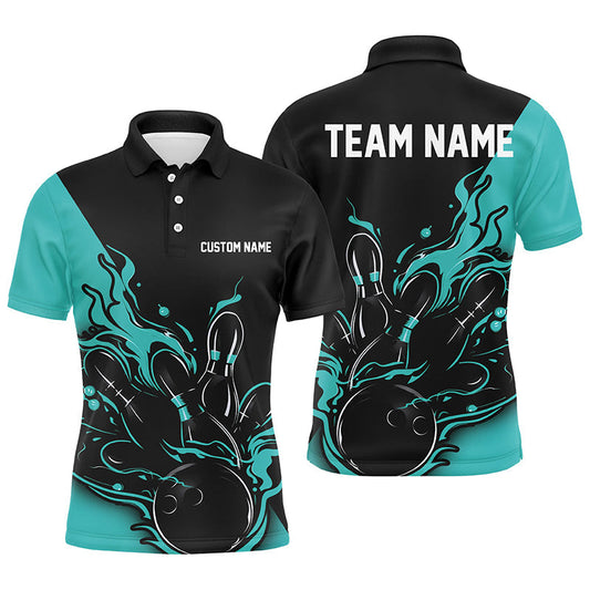 Max Corner Bowling and Pins Bowling Strike Black Flame Pattern Multicolored Bowling jerseys Custom Name And Team 3D Polo Shirt