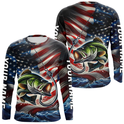 Maxcorners Custom Patriotic Largemouth Bass Long Sleeve Fishing Shirts, US Flag Fish Hook Bass Jerseys LM0607