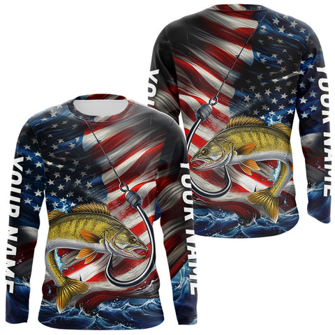 Maxcorners Custom Patriotic Walleye Long Sleeve Fishing Shirts, US Flag Fish Hook Walleye Jersey LM0607
