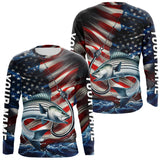 Maxcorners Custom Patriotic Striped Bass Long Sleeve Fishing Shirts, US Flag Fish Hook Striper Jerseys LM0607