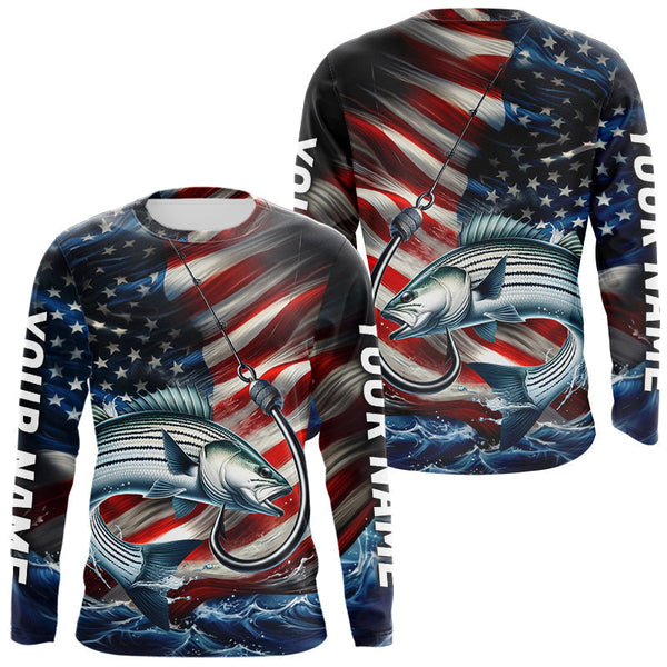 Maxcorners Custom Patriotic Striped Bass Long Sleeve Fishing Shirts, US Flag Fish Hook Striper Jerseys LM0607