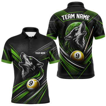 Maxcorners Custom Black And Green Wolf 9 Ball Billiards Men Polo Shirt, Billiards Team Jersey LM2607