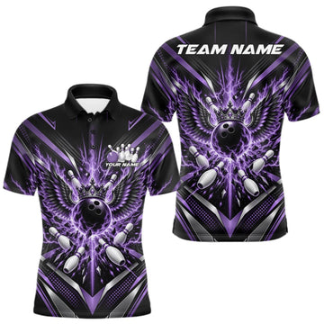 Maxcorners Custom Purple Lightning Crown Bowling Ball With Wings Bowling Team Men Polo Shirt LM2709