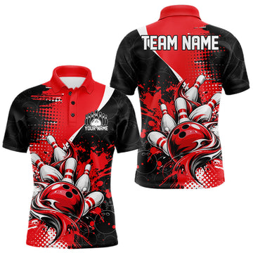 Maxcorners Custom Black And Red Splatter Bowling Jersey Bowling Tournament Men Polo Shirt
