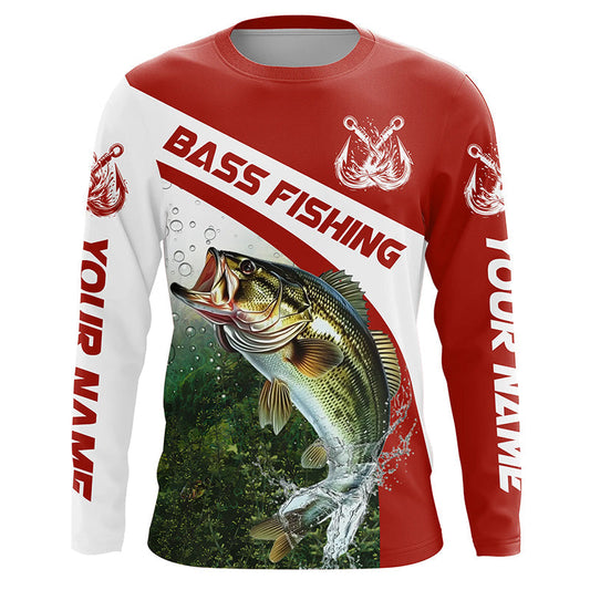 Maxcorners Custom Bass Fishing Long Sleeve Tournament Fishing Shirts, Bass Performance Fishing Jerseys | Red LM0201