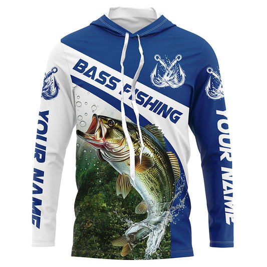 Maxcorners Custom Bass Fishing Long Sleeve Tournament Fishing Shirts, Bass Performance Fishing Jerseys | Blue LM0201