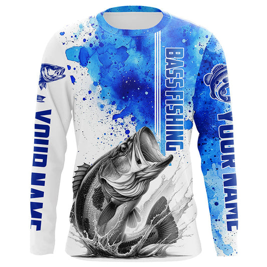 Maxcorners Bass Fishing Watercolor Custom Long Sleeve Performance Fishing Shirts, Bass Fishing Jerseys | Blue LM0201