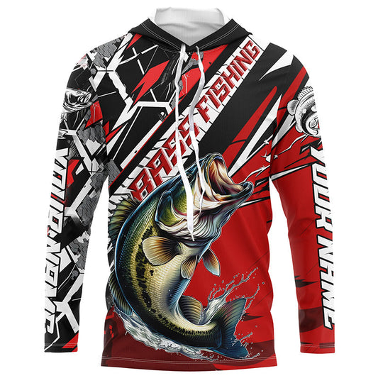 Maxcorners Black And Red Bass Long Sleeve Tournament Fishing Shirts, Custom Bass Fishing Jerseys LM0201