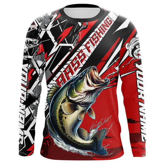Maxcorners Black And Red Bass Long Sleeve Tournament Fishing Shirts, Custom Bass Fishing Jerseys LM0201