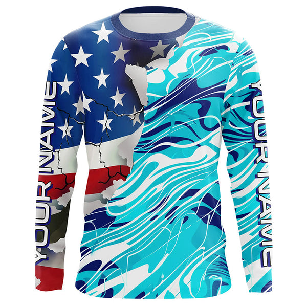 Maxcorners Custom American Flag Blue Camo Long Sleeve Shirts, Patriotic Performance Fishing Shirts 1 LM2408