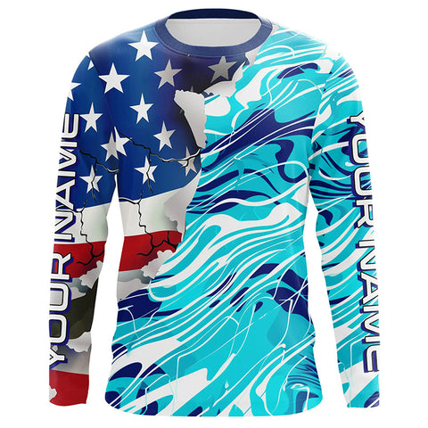 Maxcorners Custom American Flag Blue Camo Long Sleeve Shirts, Patriotic Performance Fishing Shirts 1 LM2408
