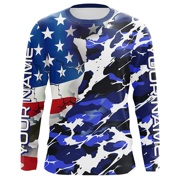Maxcorners Custom American Flag Blue Camo Long Sleeve Shirts, Patriotic Performance Fishing Shirts LM2408