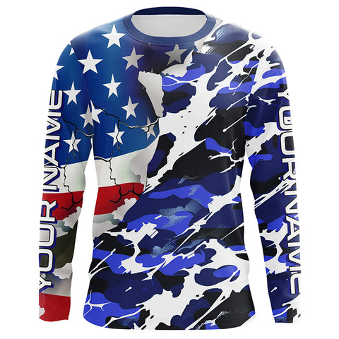 Maxcorners Custom American Flag Blue Camo Long Sleeve Shirts, Patriotic Performance Fishing Shirts LM2408